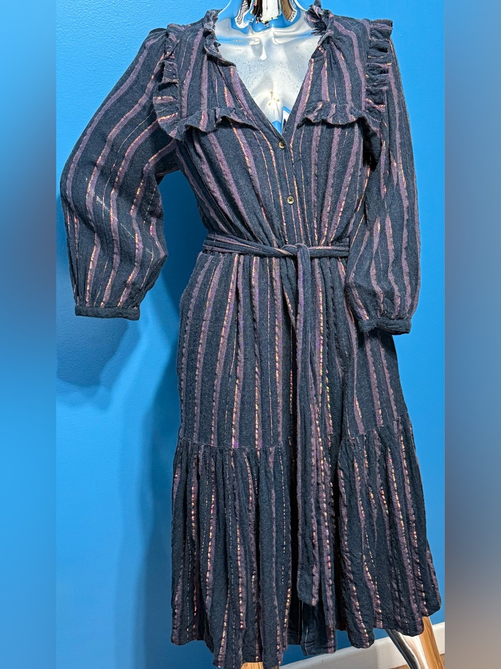 Anthropologie Navy Dress with Pink Metallic Stripes and Ruffle Details M